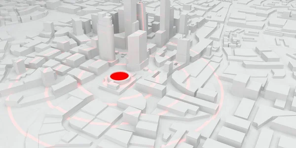 Червоні кільця епіцентру в білому місті — стокове фото