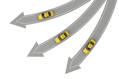 Üç taksi farklı yönlere gidiyor.