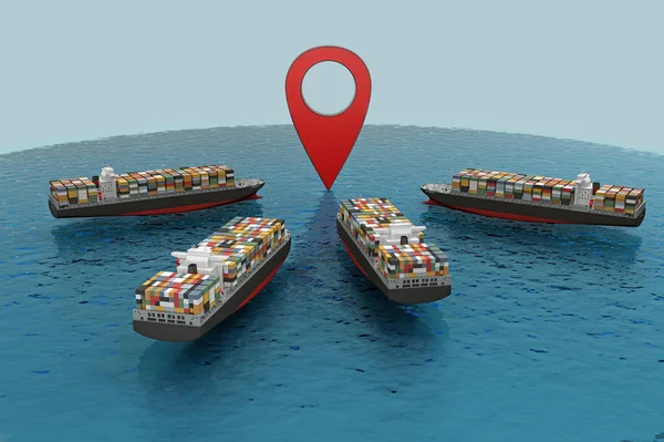 Skupinové kontejnerové lodě přejít na mapu pin — Stock fotografie