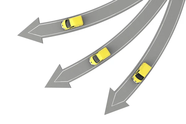 Three yellow vans go in different directions — Stock Photo, Image