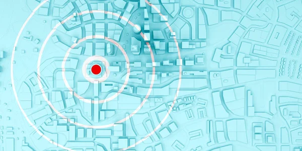 Red rings of epicenter in the low poly city — Stock Photo, Image