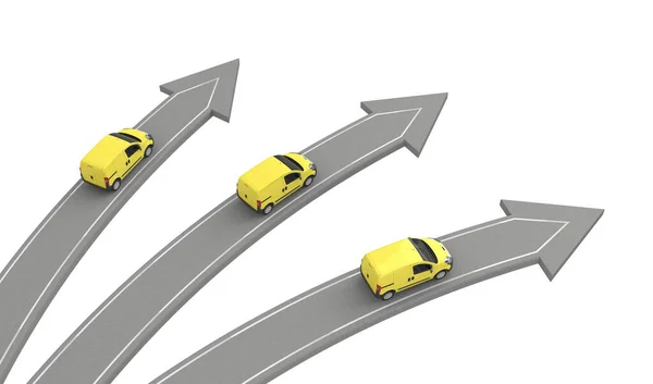 Três carrinhas amarelas vão em direções diferentes — Fotografia de Stock