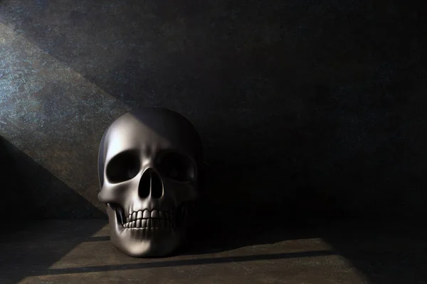Czarny ludzka czaszka oświetlone w ciemnym tle — Zdjęcie stockowe