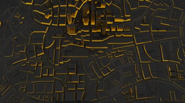 Aydınlatılmış duvarları olan siyah, düşük polimer şehir