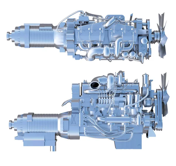 Vista Superiore Laterale Del Motore Acciaio Isolato Bianco Rendering — Foto Stock