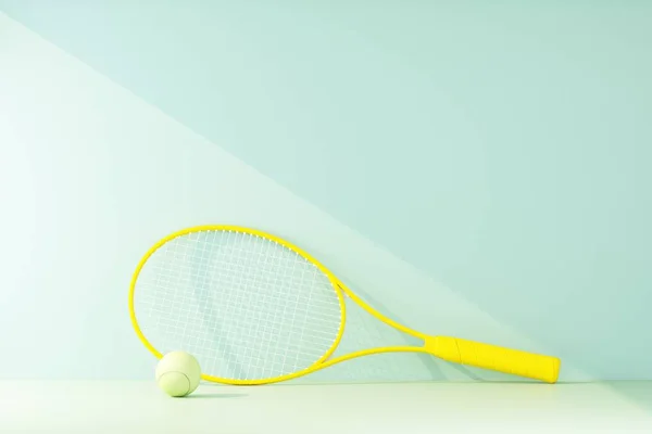 tennis racket with ball lit by a ray of light. 3d rendering