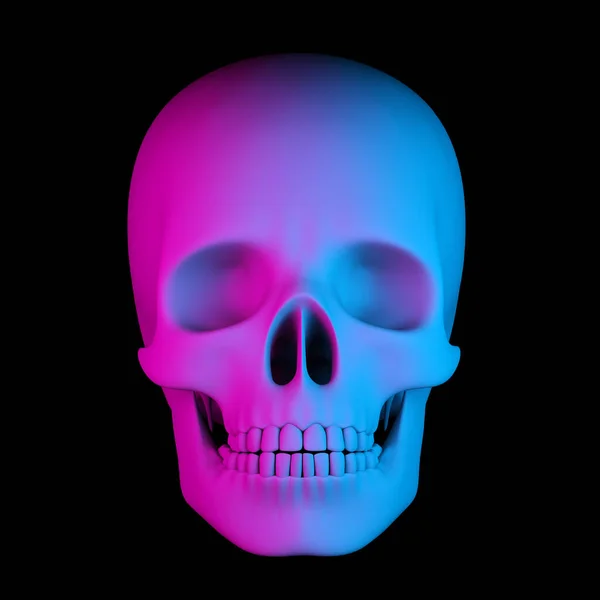 human skull in pink blue gradient on black background. 3d rendering