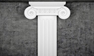 Beton bir duvarın önündeki antik bir sütunun tepesinde. 3d oluşturma