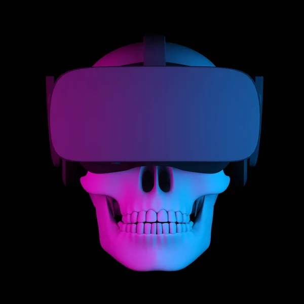 human skull in virtual reality helmet on black background. 3d rendering