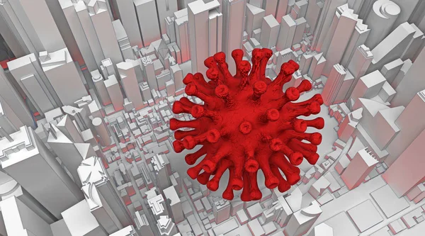 Buňka Koronaviru Abstraktním Městě Vykreslování — Stock fotografie