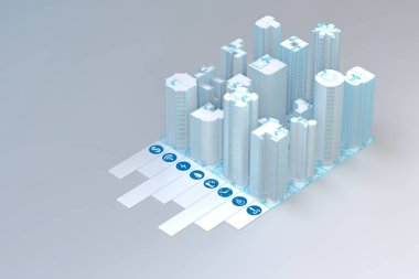 Kontrol simgeleri olan akıllı bir şehir. 3d oluşturma