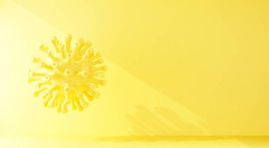 Sarı koronavirüs bakterisi ışık huzmesi tarafından aydınlatılır. 3d illüstrasyon