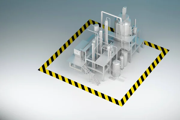 抽象的な工場の建物は危険なテープで囲まれています 3Dレンダリング — ストック写真