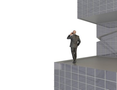 Koyu tenli iş adamı telefonda konuşuyor. Beyaz arka planda modern bir binanın kenarında duruyor. 3d oluşturma