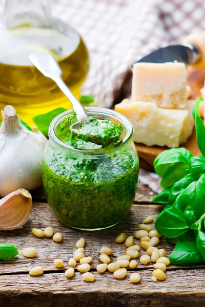 Pesto sauce in a glass jar — Stock Photo, Image