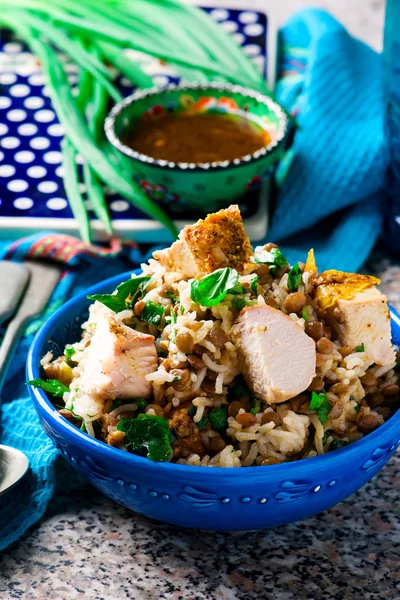 Ensalada de arroz, pollo y lentejas con hierbas . —  Fotos de Stock