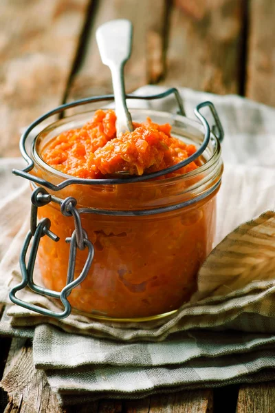 Marrow pate in glass jar.style rustic. — Stock Photo, Image