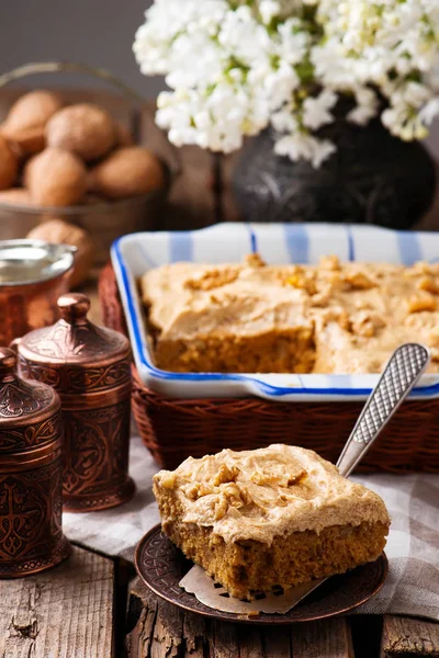 Coffee and walnut cake.style rustic — Stock Photo, Image