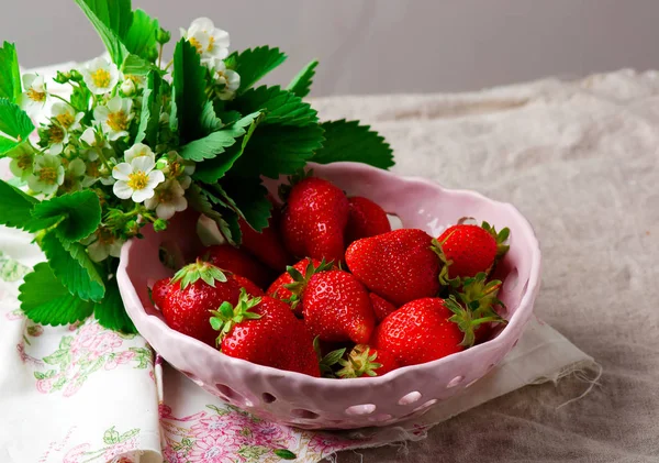 Fresh,organic strawberry in ceramic bowl. — Stock Photo, Image