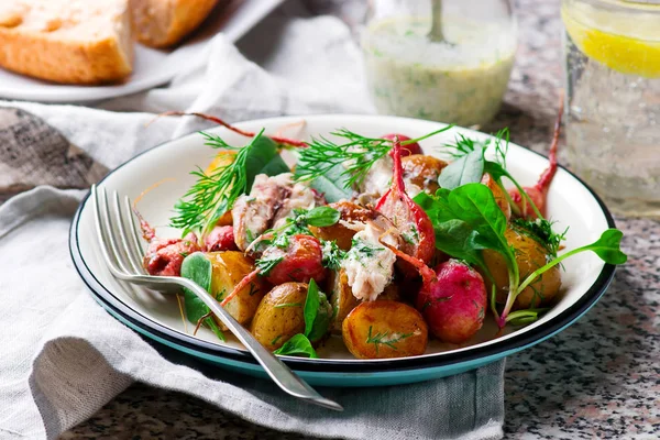 Kızartma turp yeni biberli patates uskumru salatası — Stok fotoğraf