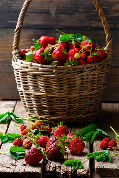 Verse, biologische aardbei in de oude mand — Stockfoto