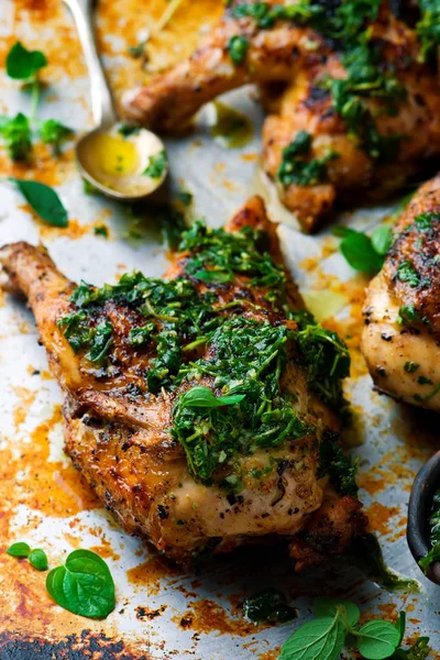 Pollo a la parrilla con salsa chimichury . — Foto de Stock