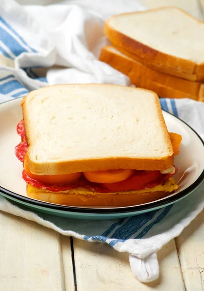 Omelet salami  sandwich Stock Picture