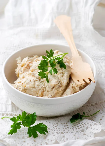 Chicken pate into the white bowl — Stock Photo, Image