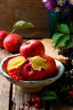 elma ve çiçekler ile sonbahar natürmort 