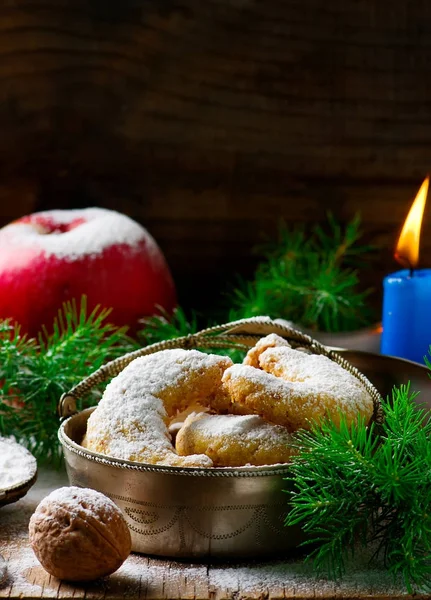 Christmas vanilla cookies on a Christmas rustic background — Stock Photo, Image