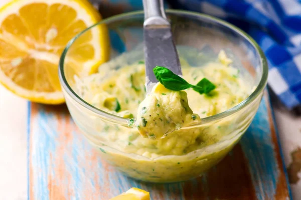 Butter with a basil and a lemon for sandwiches — Stock Photo, Image