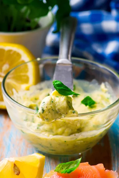 Butter with a basil and a lemon for sandwiches — Stock Photo, Image