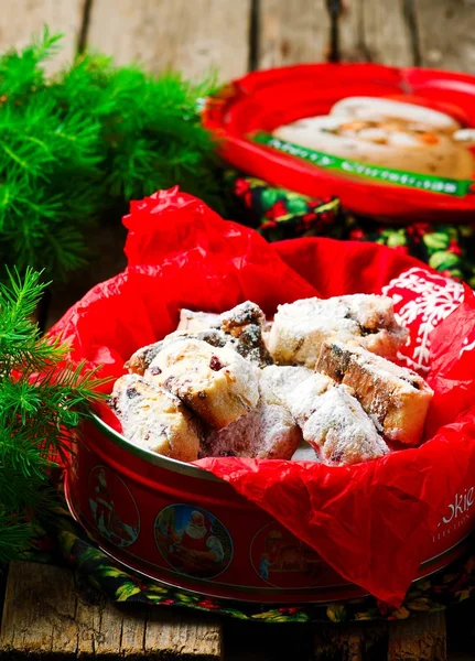 Christmas Stollen coockies on a Christmas rustic background — Stock Photo, Image