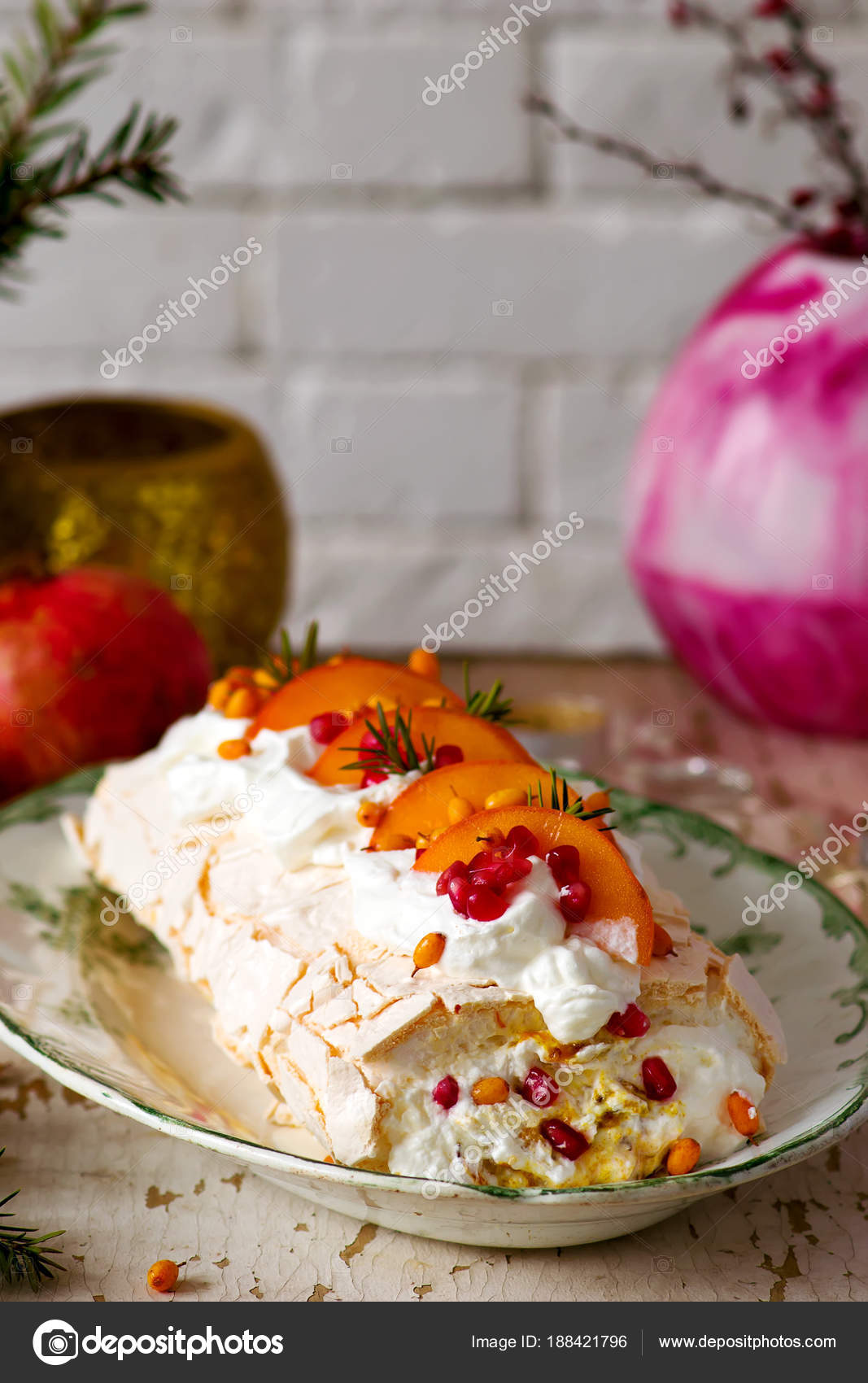 Winter Fruit Pavlova Roulade Style Vintage Stock Photo C Zoryanchik 188421796