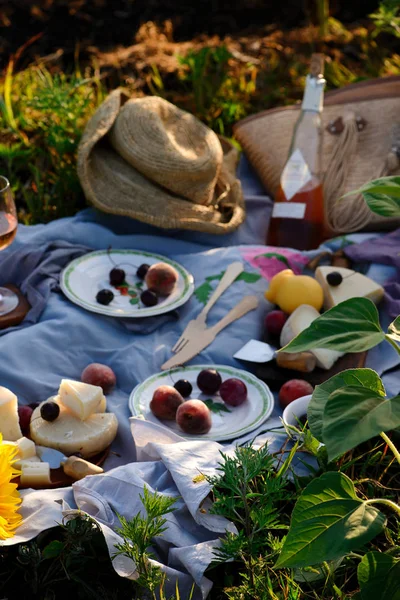 Sonnenblumenpicknick mit Käse, Obst und Rosenwein — Stockfoto