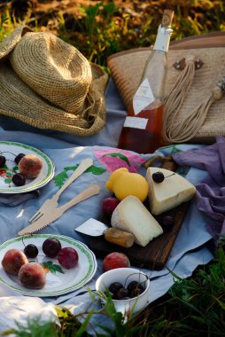 Ayçiçeği pikniği peynir, meyve ve gül şarabıyla