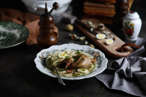 Quail soup with homemade noodles.style rustic — Stock Image Quail soup with homemade noodles.style rustic Stock Photo