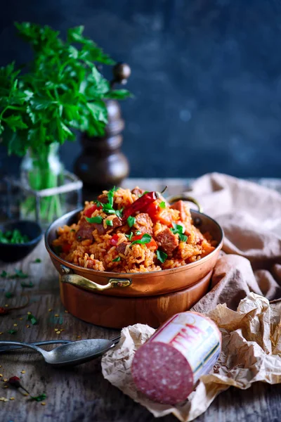 Dominican rice with vegetables and sausages — Stock Photo, Image