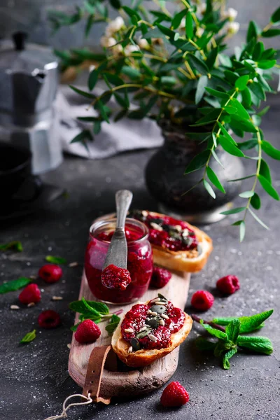 Chia raspberry jam.style rustic.selective focus — Stock Photo, Image