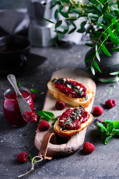 Chia raspberry jam.style rustic.selective focus — Stock Photo, Image