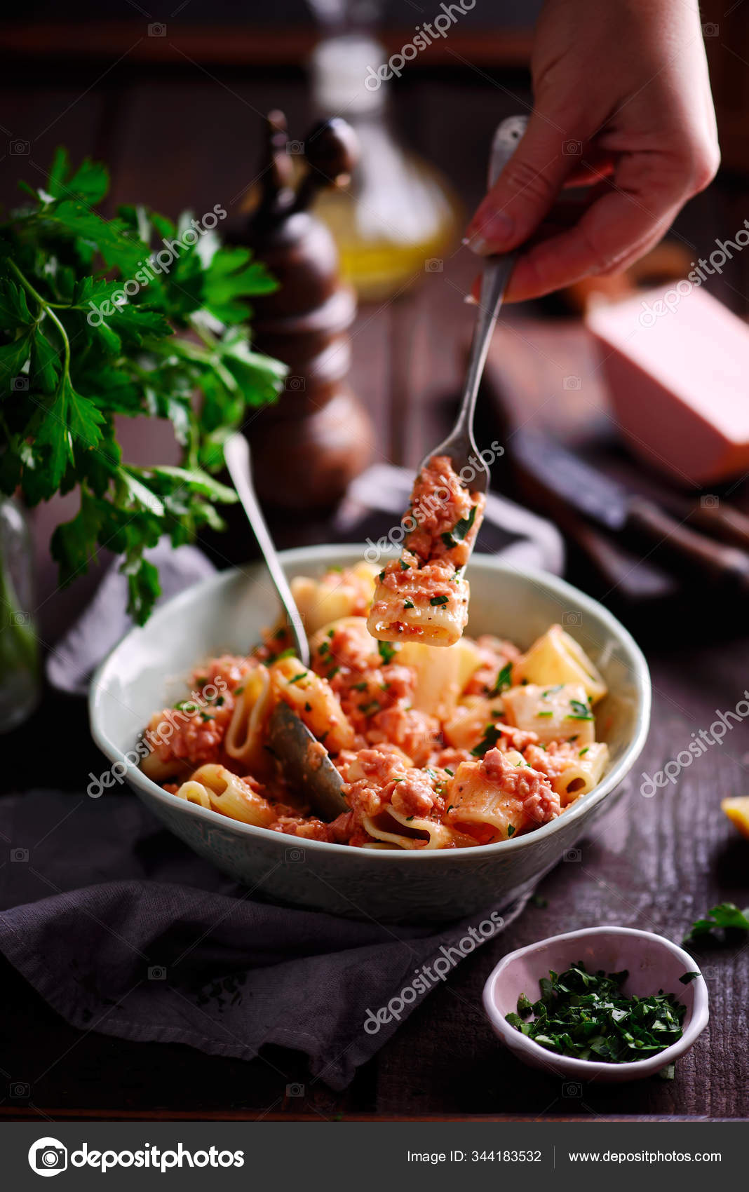 Pasta with mortadella tomato sauce..style rustic ⬇ Stock Photo, Image