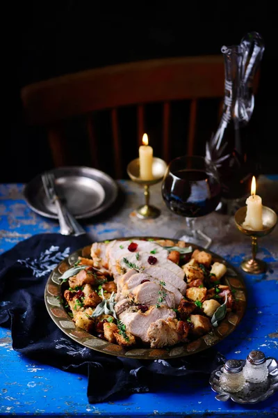 Herb roasted turkey and cranberry stuffing..style rustic. — Stock Photo, Image