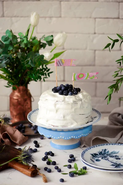 Almond crepe cake with blueberry cream .selective focus. — Stock Photo, Image