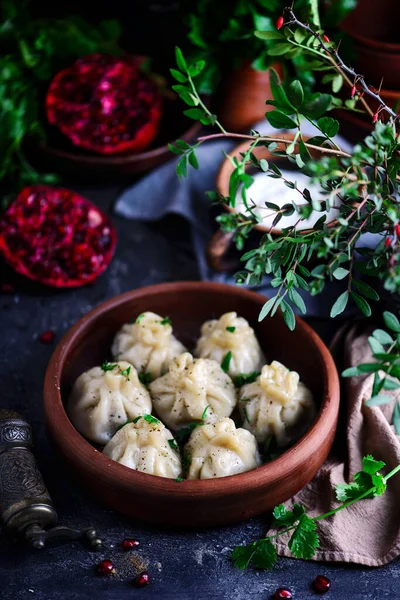 Khinkali Tradiční Gruzínské Jídlo Styl Rustikální Selektivní Zaměření — Stock fotografie