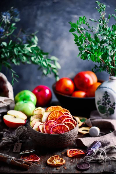 Frische Bio Fruchtchips Stil Rustikal Selektiver Fokus — Stockfoto