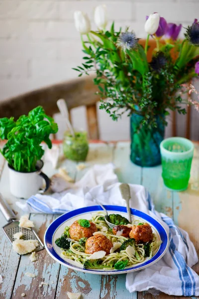 Baked Chicken Meatballs Broccoli Pesto Pasta Selective Focus Rustic Style — Stock Photo, Image