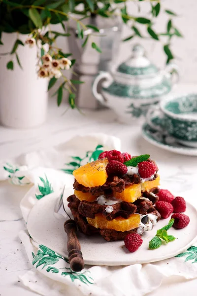 Vegane Waffeln Mit Frischen Früchten Style Vintage Selektiver Fokus — Stockfoto