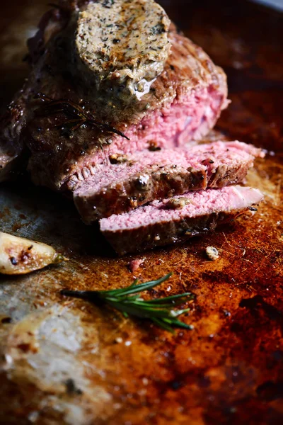Steak Bor Mártással Stílus Rusztikus Szelektív Fókusz — Stock Fotó