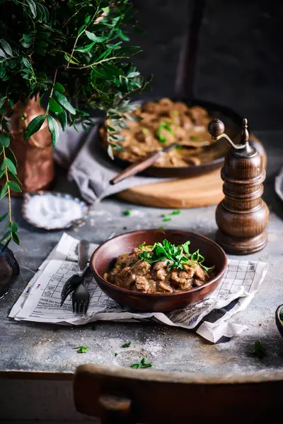 Chicken Hearts Onions Mushrooms Style Rustic Selective Focus — Stock Photo, Image