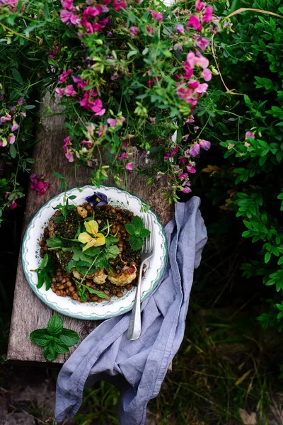 Květák Steak Čočkou Styl Rustic Selective Focus — Stock fotografie